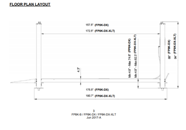 Size and dimensions of the FP8K storage parking lift