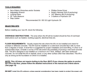 Hy-Pro HPFP9K-DX-XLT storage lift installation tool requirement