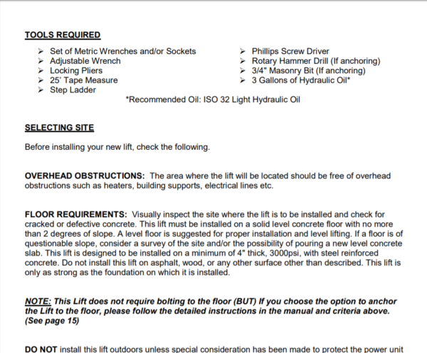 Hy-Pro HPFP9K-DX-XLT storage lift installation tool requirement