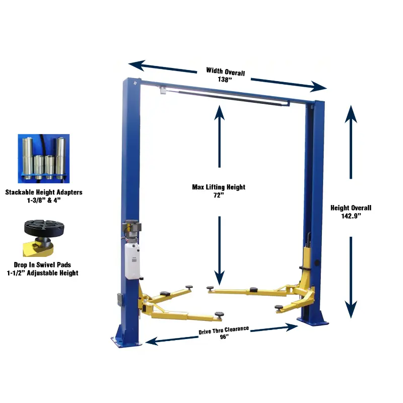 Hy-Pro 9,000 lb clear floor car lift with dimensions.