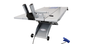 Hy-Pro SL-4884 motorcycle lift table front side view with HPCV-1K cycle vise and pneumatic foot pedal