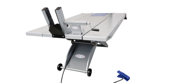 Hy-Pro SL-4884 motorcycle lift table front side view with HPCV-1K cycle vise and pneumatic foot pedal