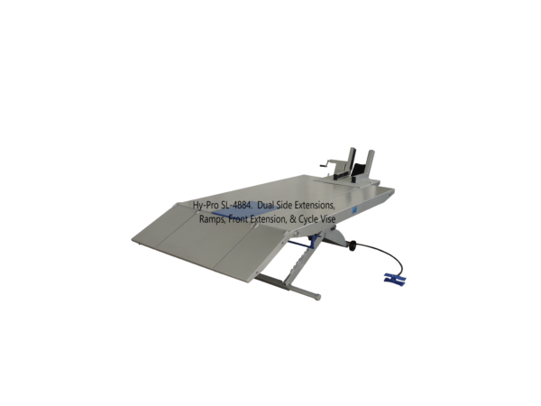 M-1000C motorcycle lift table rear corner view with side extensions and cycle vise