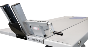 Hy-Pro SL-2484 motorcycle lift table with HPCV-1K cycle vise and front tire stop. Shows 12" side extension.