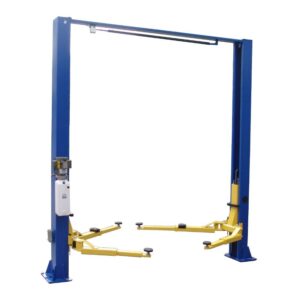 Tuxedo TP9KACX 2 Post Lift car lift, rated for 9,000 lbs. Asymmetric lift style.