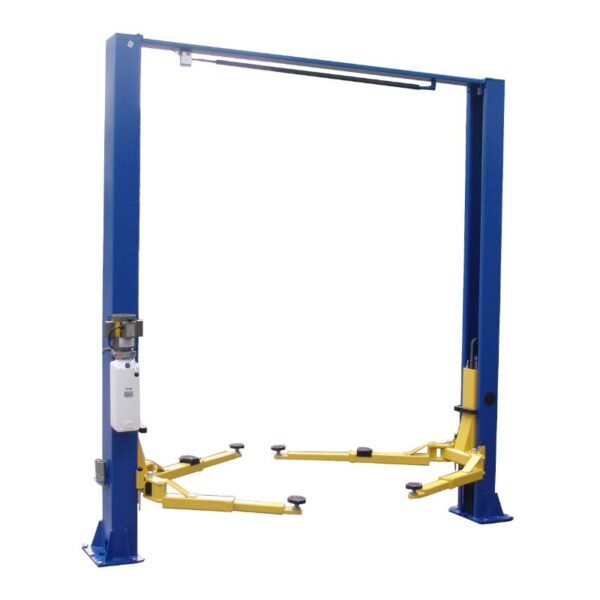 Tuxedo TP9KACX 2 Post Lift car lift, rated for 9,000 lbs. Asymmetric lift style.