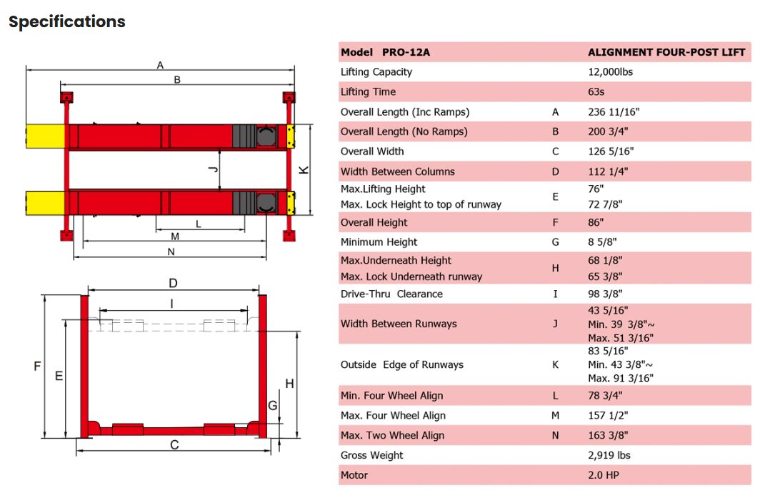 AMGO Hydraulics PRO-12A alignment rack specifications