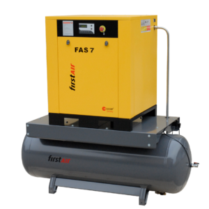 firstAir FAS07 rotary screw air compressor tank mounted with full enclosure. 41 CFM at 10 HP