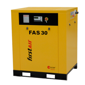 firstAir FAS30 rotary screw air compressor with enclosure. 40HP motor generates over 168CFM of compressed air.