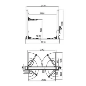 KaTool KT-H120D 12000 lb base plate heavy duty truck car lift. Layout with dimensions.