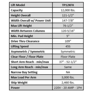 Tuxedo TP12KFX 12,000 lb hydraulic car hoist floor plate car lift