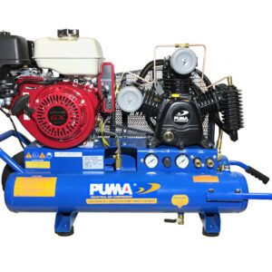 Puma wheelbarrow compressor with Honda engine. Two stage piston style pump.