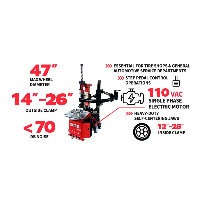 KaTool KT-T850 Tire Changer with tilt back column, bead breaker, and integrated bead blaster.