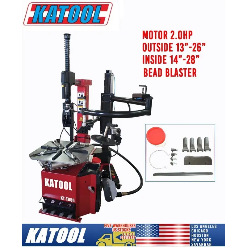 KaTool KT-T850 Tire Changer with tilt back column, bead breaker, and integrated bead blaster.